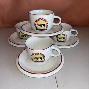 4 Century Stoneware Fannies Farm Cow Design 2.5" Cup & Saucer EUC
